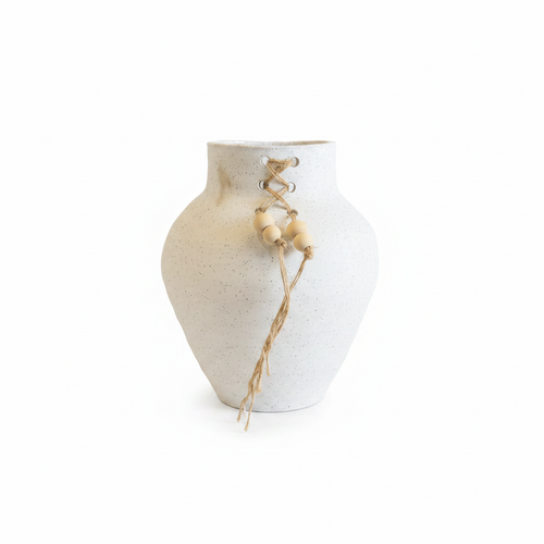 White Ceramic Vase with Jute & Wooden Beads