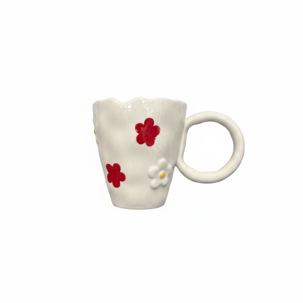 White Floral Ceramic Mug White Background