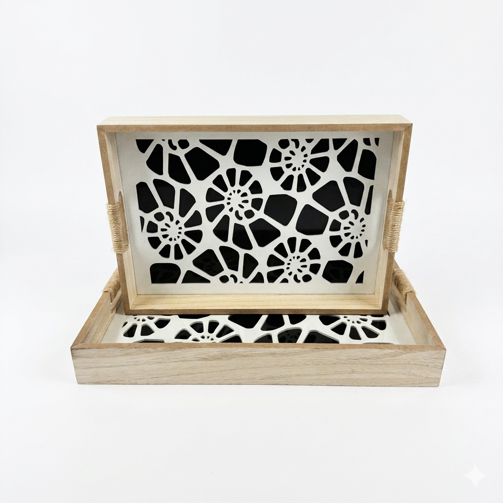 Wood Floral Cutout Tray Set with Rope Handles