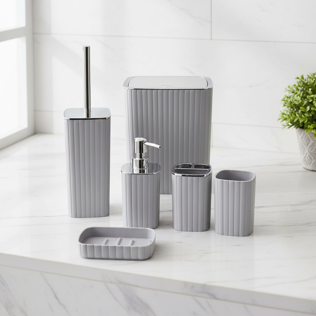 Ribbed Bathroom Set 6-Piece - Grey & Chrome