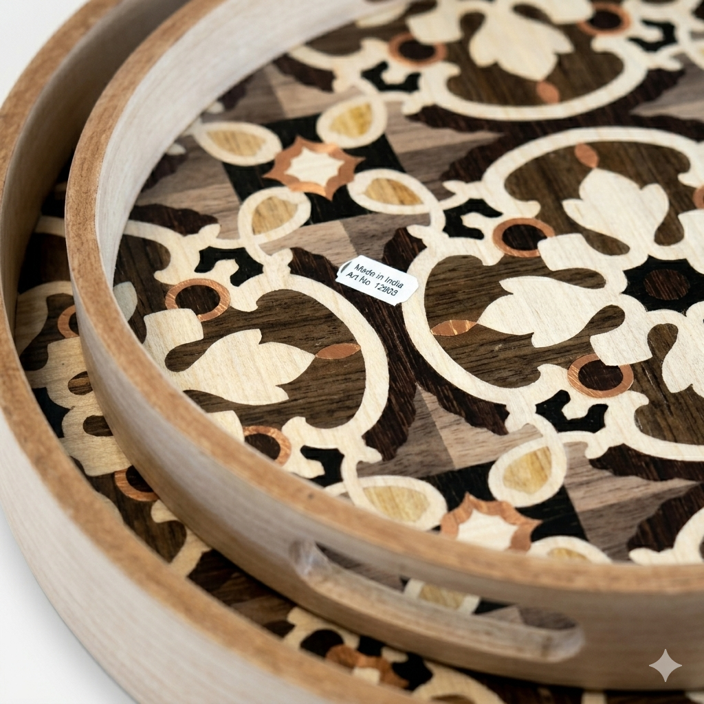 Round Wood Moroccan Inlay Tray Set