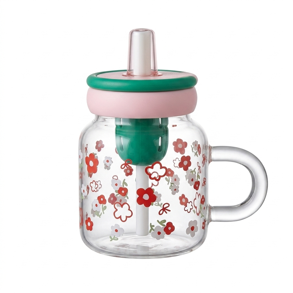 Floral Glass Mug with Straw & Lid