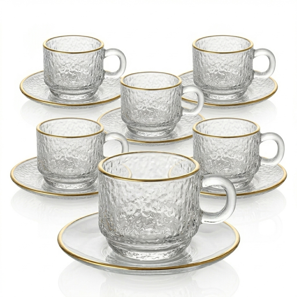 Gold Rim Glass Espresso Cup with Saucer – Set of 6