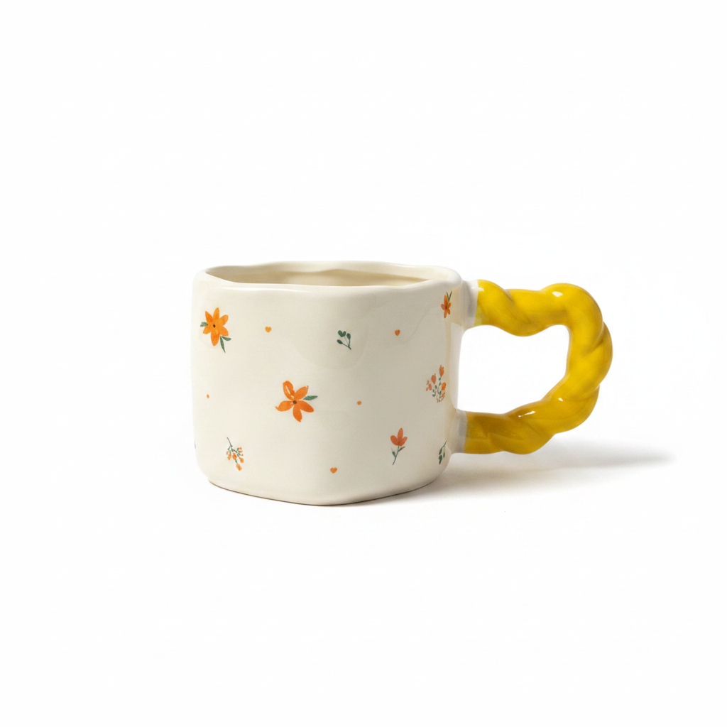 Yellow Handle Orange Floral Mug