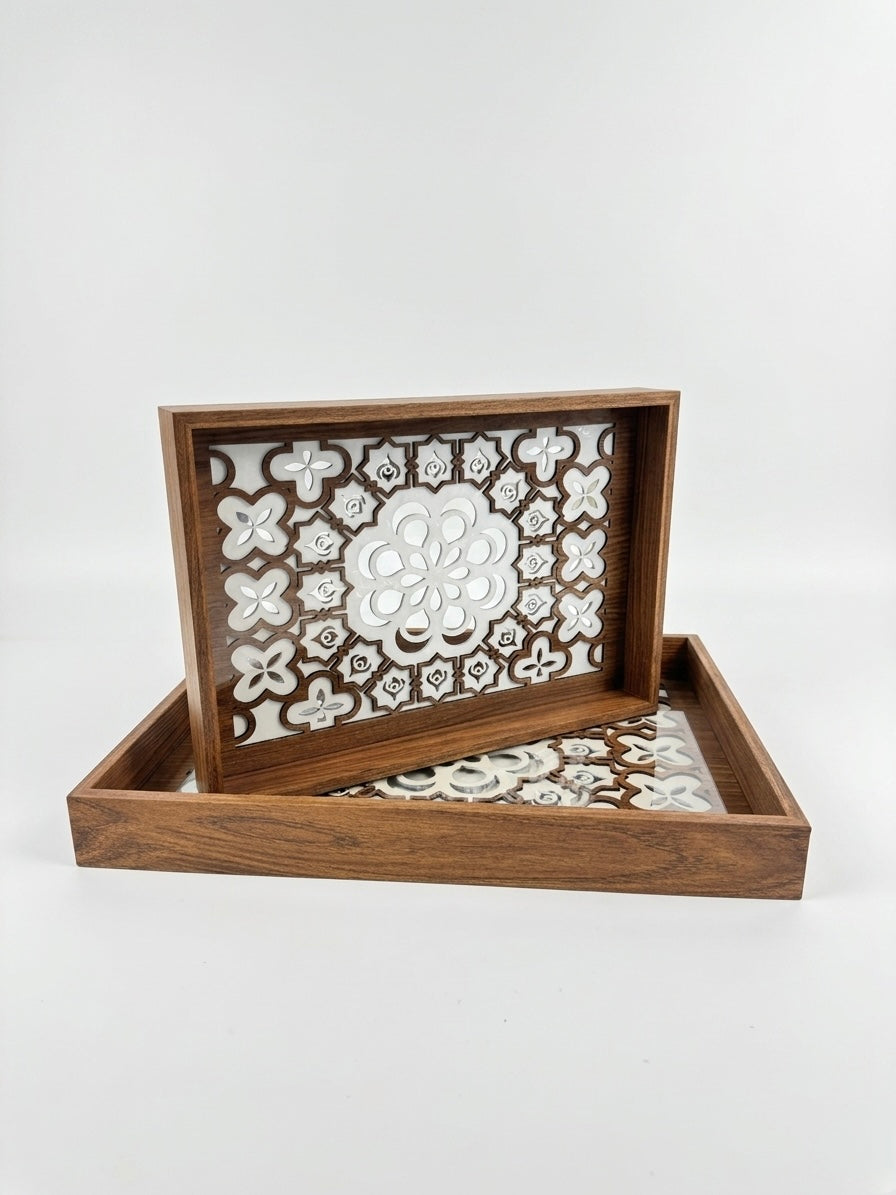 Wood Moroccan Floral Tray Set
