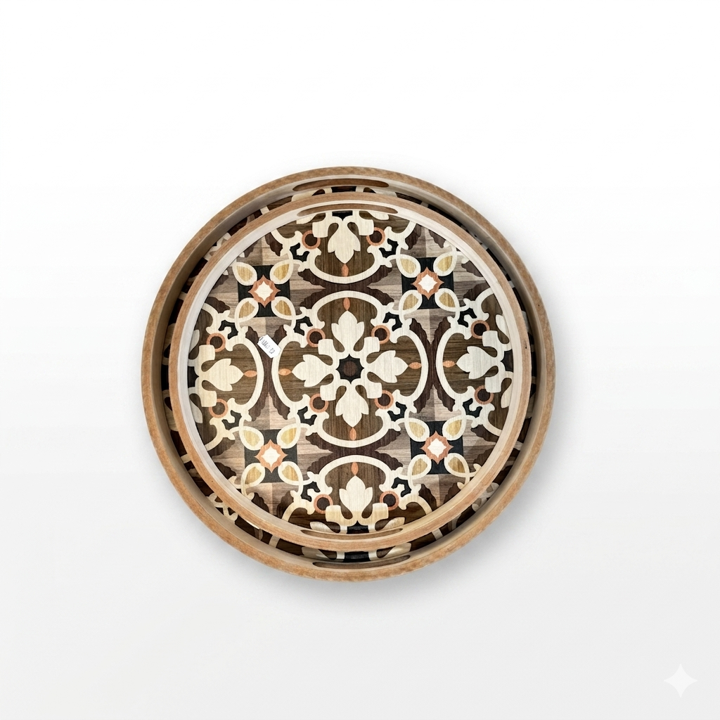 Round Wood Moroccan Inlay Tray Set