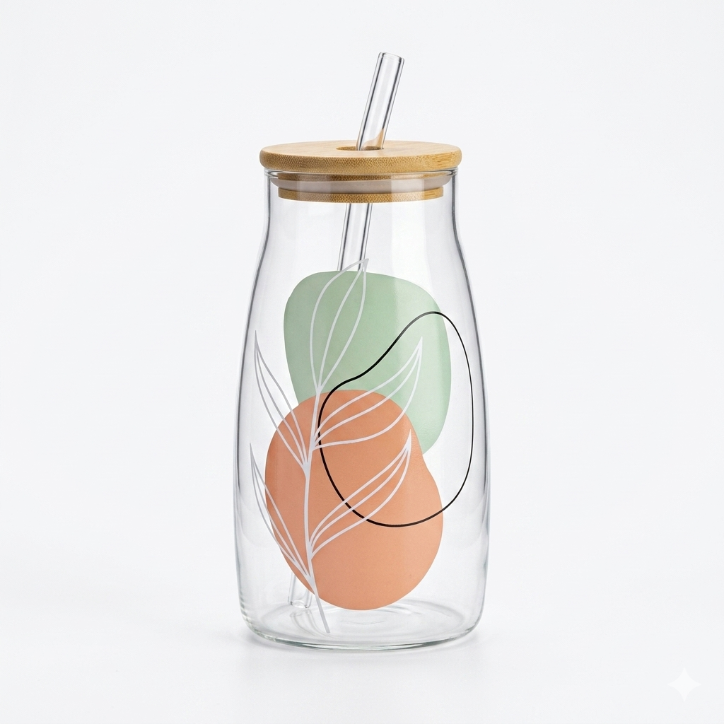 Boho Glass Bottle with Bamboo Lid & Straw 700ml